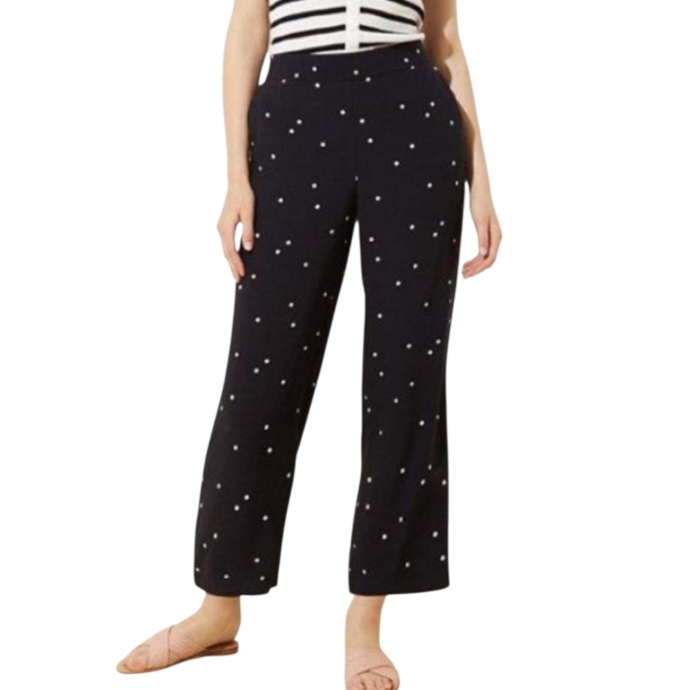 Ann Taylor LOFT Wide Leg Palazzo Pants Black Polka Dot High Rise Petite Large PL